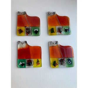 4 Art Glass Cat Kitten Decor Coaster Set Patchwork Boho Eclectic Multi Color 3.5
